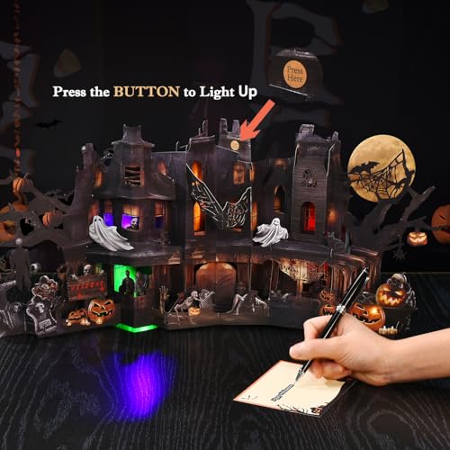 Image of Pop Up Halloween Card, Jumbo Musical Light Up Spooky Castle Card with Sound