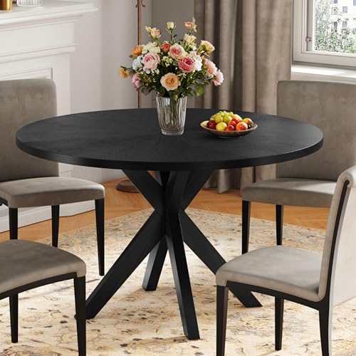 Image of Solid Wood Round Dining Table for 4-6, Wooden Intersecting Pedestal Base, Rustic Round Dining Room Table for Home Dining Room, Kitchen, Living Room
