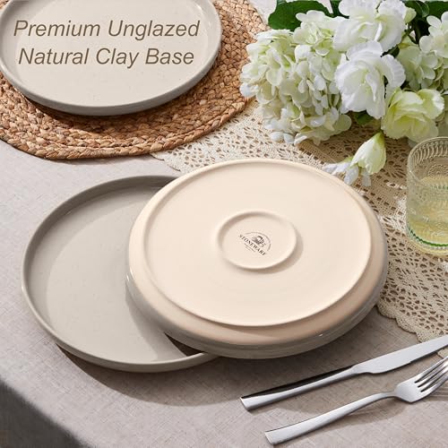 Image of LIANYU Stoneware Dinner Plates Set of 4, 10.5 Inch Porcelain Kitchen Plates, High Edge Flat Dishes Set for Steak, Salad, Dessert, Microwave & Dishwasher & Oven Safe, Scratch Resistant, Milky Brown