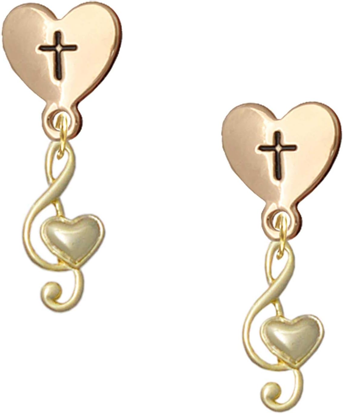 Delight Jewelry Plated Medium Clef with Heart Plated Cross in Heart Post Dangle Earrings