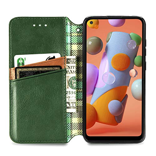 Samsung Galaxy A21 Wallet Phone Case, 3D Embossing Plaid Kickstand Stand Function Pu Leather Flip Case Credit Cards Pocket Shockproof Magnetic Closure Cover For Samsung Galaxy A21 Dx Green #TOP7