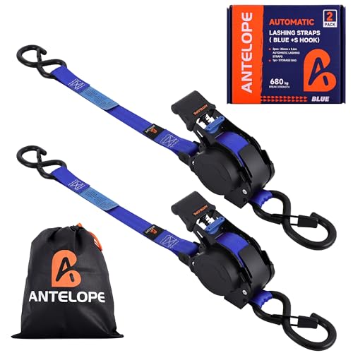 A ANTELOPE Automatik Spanngurt 3 6 m x 25mm 2 Stück Automatischer Spanngurtaufroller 340KG/680KG Einziehbare Spanngurte mit Ratsche und S Haken für Motorrad Kajak und LKW Blau