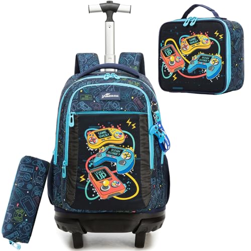 ZBAOGTW Mochila com rodinhas para crianças de 8 a 12 anos, mochila com rodinhas para meninos escolares, Jogo colorido, 16.5*11.8*7.8in