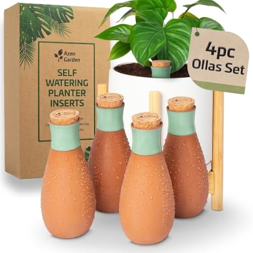 Azen Garden Ollas Plant Watering Globes - Terracotta Self Watering Planter Insert - Watering Bulbs for Indoor and Outdoor Plants with Easy Top Refill System - Set of 4 (Jade Green)