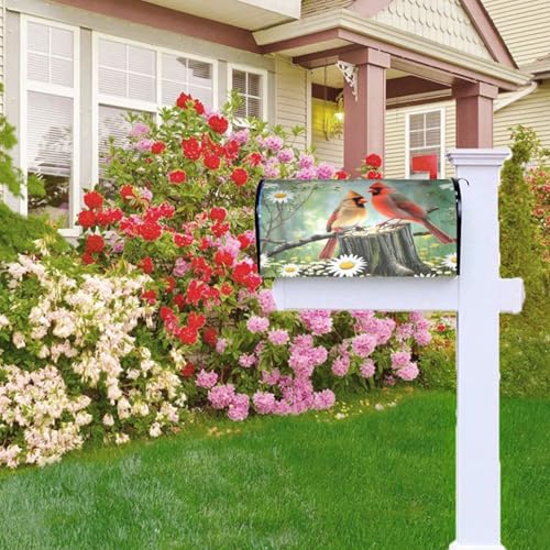 Image of Spring Flowers and Birds Mailbox Cover Magnetic Cardinals and Daisy Floral Waterproof Mailbox Wraps Post Letter Box Decor 25.5x21 in