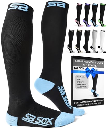 SB SOX Compression Socks for Men & Women (20-30 mmHg) - Best Support Stockings for Travel, Medical, and Sports - Perfect for Everyday Wear (Large, Black/Blue)