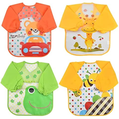 Focenat Baby Toddler Bibs with Sleeves 4Pcs Long Weaning Bib Set Sleeved Waterproof Feeding Apron for Infant 6 Months to 3 Years Kids Painting Smock Play Baking,Cooking, Multicolor Cover