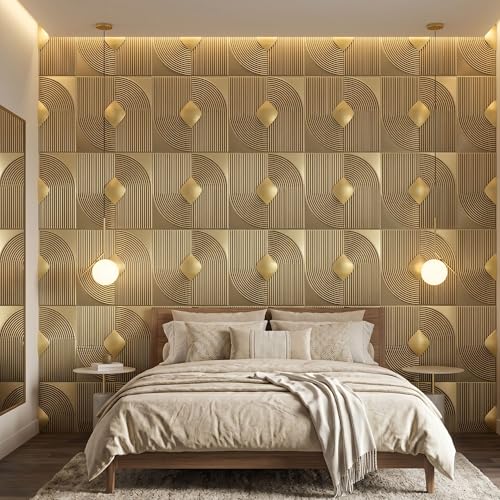 Image of Kayra Decor 3D PVC Wall Panels with Acrylic Finish for Bedroom & Living Room, Curve Line Design Champagne Gold, 19.7 x 19.7 Inch, Pack of 18 (42.48 Sq Ft)
