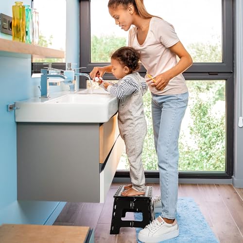 Image of Delxo 9 Inch Folding Step Stool, Black Step Stools for Kids Foldable,Portable Collapsible Step Stool with Handle, Folding Stool for Kitchen Bathroom,Bedroom,Garden
