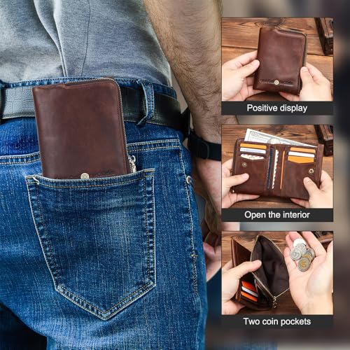 Contacts Small Leather Wallet for Men Bifold Coin Purse Rfid Blocking Card Holder Vintage Wallet with Zipper Coin Pocket 13 Card Slots2