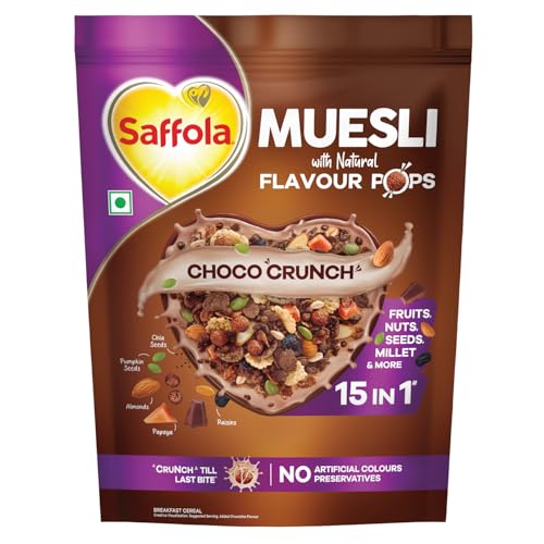 Image of Saffola Muesli Choco Crunch with Flavour Pops, 400 gm /450 gm | 15 in 1 Fruit and Nuts, Seeds, Millet & more | Cereals for breakfast with wholegrain, protein, fibre
