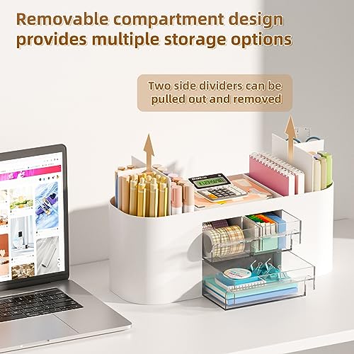 Desk Organizer Pen Holder with Drawers and Compartments - White