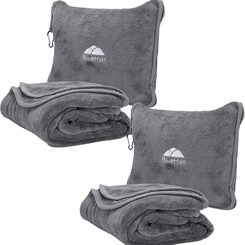 Image of BlueHills 2-Pack Premium Soft Travel Blanket Pillow Airplane Blanket in Soft Bag Pillowcase with Hand Luggage Belt and Backpack Clip, Compact Pack Large Blanket for Any Travel (Grey Gray T013)