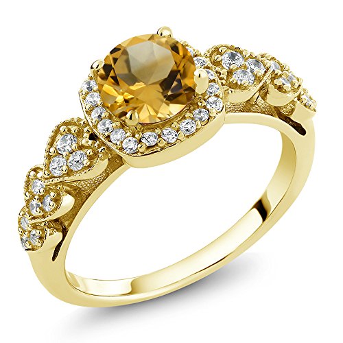 Gem Stone King 18K Yellow Gold Plated Silver 6MM Round Cut Gemstone Birthstone Engagement Anniversary Ring For Women | Available In Size 5, 6, 7, 8, 9