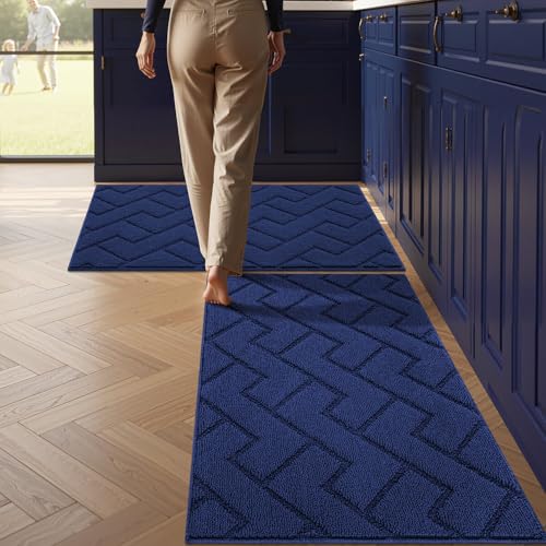 Image of hicorfe Indoor Door Mat,Set of 2 Non Slip Welcome Mats for Floor,Comfort Washabe Carpet for Hallways Entryway Laundry Room(24 inchx35 inch+24 inchx35 inch Navy Blue)