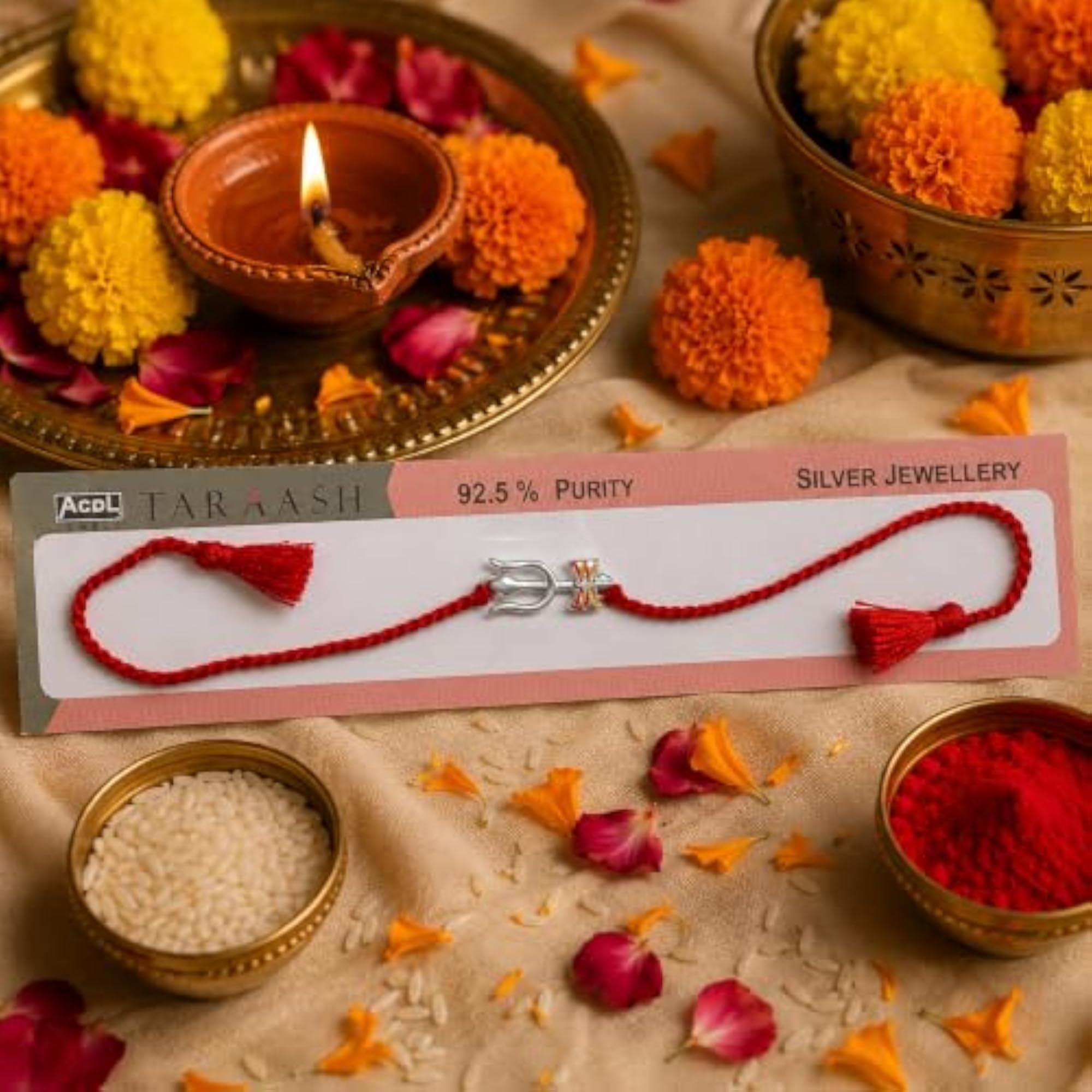 925 Sterling Silver Trishul Damru Thread Rakhi for Brother