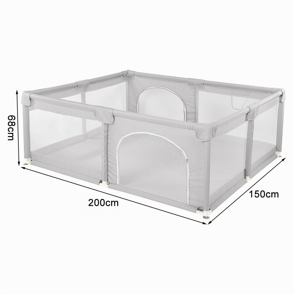 Parc Modulable 150x200 cm pour Enfant en Bas Âge avec Porte Zippée, Tapis Gris Clair