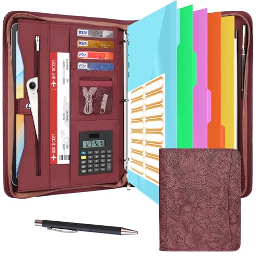 Image of Eshow Portfolio Organizer - 3 Ring Binder with Zipper, Vegan Leather Business Padfolio Folder with Notepad Includes 5 Color Sheet Protectors for Documents Files for Men Women