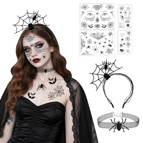 ROEOWENE 6 unidades diadema Halloween mulher menina diadema de lustre acessórios Halloween acessórios para o cabelo com 4 tatuagens temporárias disfarce lustre diadema de teia para carnaval, toque de