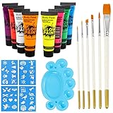 Body Paint Glow in the Dark UV Neon Blacklight Face Paint Makeup with 0.4oz Set of 8 Tubes 6 Art Brushes and 1 Palette for Adults Music Festivals Party Halloween Christmas