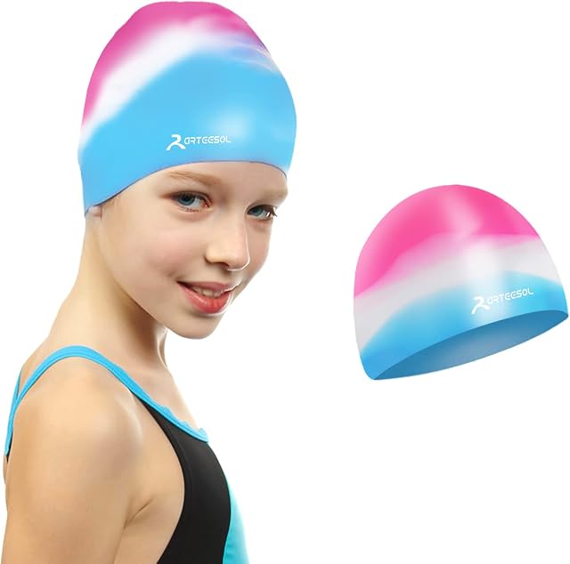 Kids Swimming Cap for Boys and Girls - Silicone Swim Caps for Age 5-12 Child Youth Teen - Swimming Hats Comfortable Fit for Long Hair