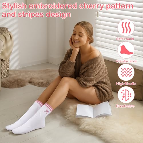 Jspupifip 6 Pairs Cute Cherry Crew Socks for Women Girls White Striped Crew Socks Funny Fruit Cotton Sock for Athletic Sports Running Casual Sock4