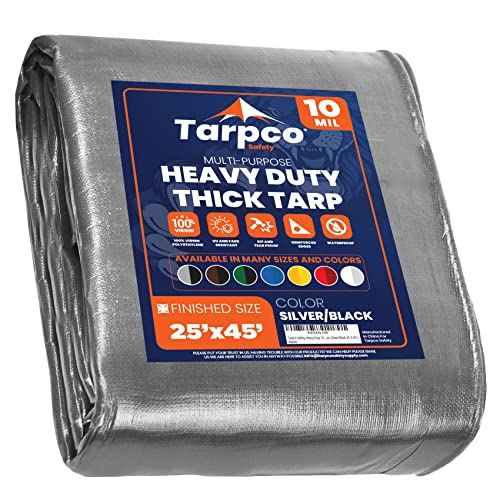 Image of Heavy Duty 10 Mil Tarp Cover, Waterproof, UV Resistant, Rip and Tear Proof, Poly Tarpaulin with Reinforced Edges for Camping, Roof, Patio, Pool, Boat. (Silver /Black 25′ X 45′)