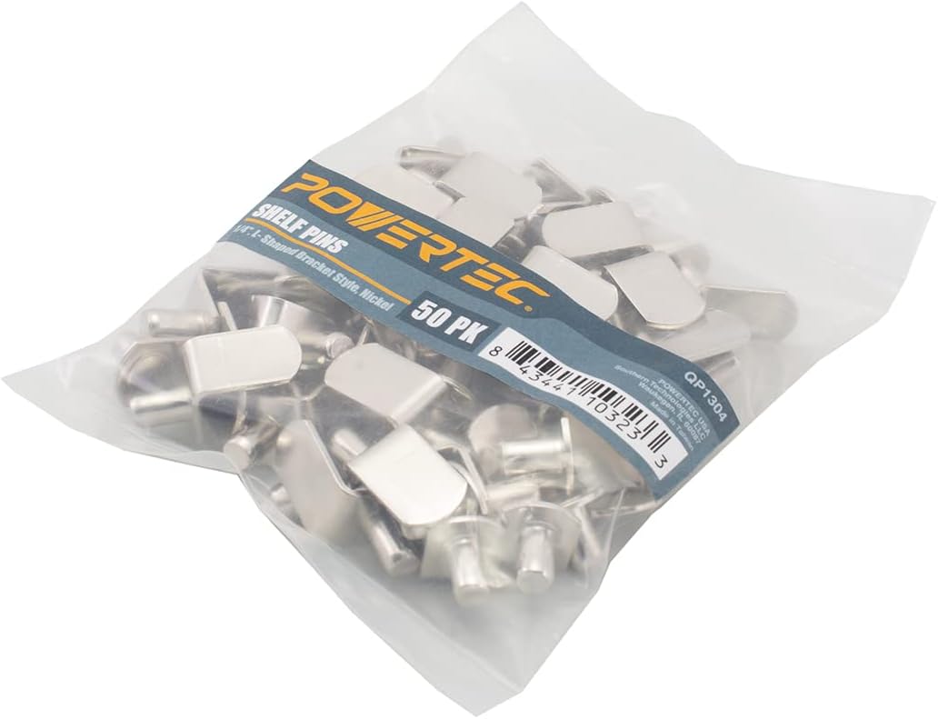 POWERTEC QP1304 1/4 Inch Shelf Pegs, L-Shaped Bracket Shelf Pins Support, Nickel Plated Holders (Pack of 4) for Cabinet, Bookshelf, Closet, Furniture