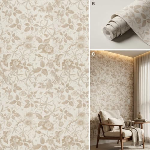 Papel de Parede Adesivo Floral Lavável Flor Adesivo Rolo 5 Metros (Floral Bege)