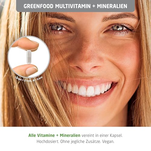 Greenfood Multivitamin, hochdosiert, 677mg - 120 Kapseln, vegan. Hochwertige Vitamine, Mineralien, Spurenelemente - A bis Z Komplettversorgung. OHNE künstliche Zusätze - laborgeprüft.