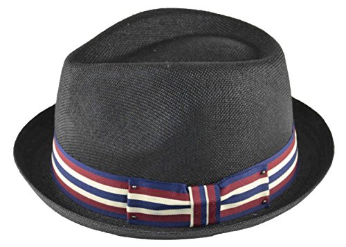 JJ Men's Upturn Brim Summer Fedora with Red Navy White Band Black (L/XL)