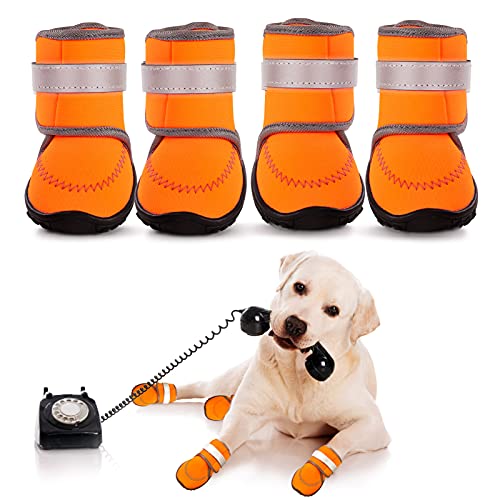 AOFITEE Dog Boots Waterproof Large Dog Shoes, Adjustable Pet Rain Booties with Rugged Anti-Slip Sole and Reflective Straps, Outdoor Dog Paw Protector for Medium to Large Dogs (Orange M) AOFITEE Dog Boots Waterproof Large Dog Shoes, Adjustable Pet Rain Booties with Rugged Anti-Slip Sole and Reflective Straps, Outdoor Dog Paw Protector for Medium to Large Dogs (Orange M)