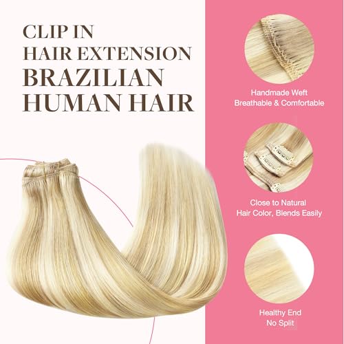 Image of GOO GOO Clip in Hair Extensions Real Human Hair, Remy Human Hair Extensions Clip ins for Women, Natural Human Hair, 16inch 150g 9Pcs, 18D /22F Dirty Blonde Highlights