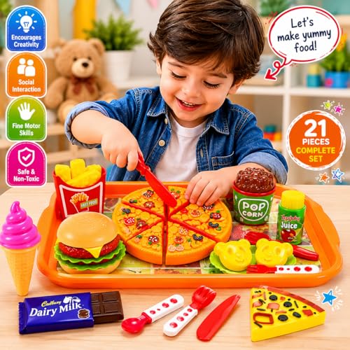Image of PLUSPOINT Pizza Party Fast Food Set Realistic Pizza Pretend Play Barger Fries and ice Cream with Tray Food Toy | Best Gifts Food playset for Boys Girls Kids 4yr+