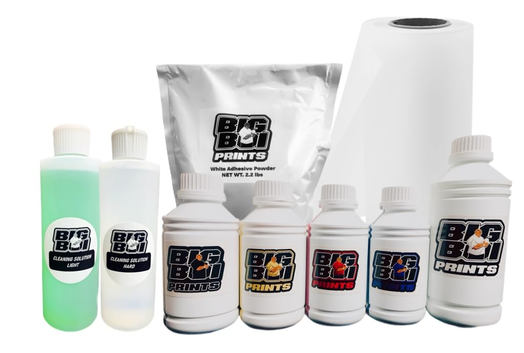 Roll Film Mega Bundle Big Boi Prints 1000ml White DTF Ink, 500ml CMYK, Adhesive Powder, Roll Film 13inches x 328 feet, 1 Liter Bottle Cleaning Solution