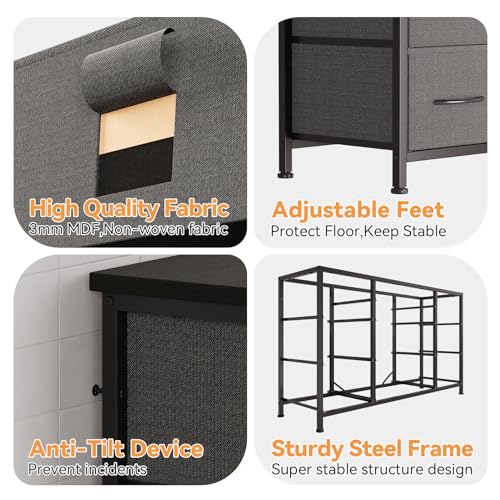 Jojoka Wide Dresser with 10 Large Drawers for 55'' Long TV Stand with Power Outlet Entertainment Center, Storage Fabric Drawer Unit for Bedroom, Closet, Entryway, Sturdy Metal Frame, Gray