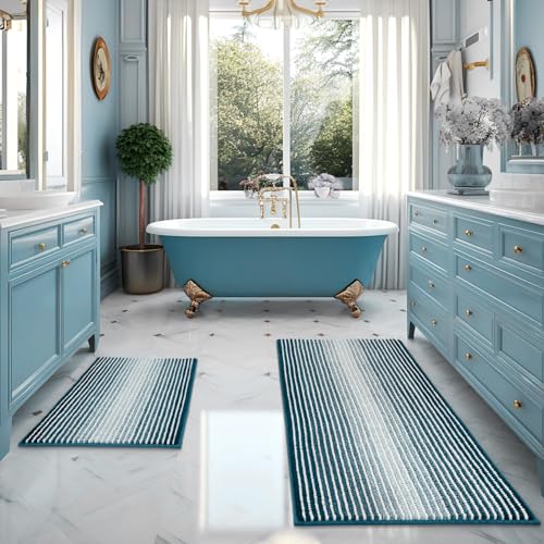 BSICPRO Bathroom Rugs and Mats Sets, 2 Piece Thick Absorbent Chenille Bath Mat Rug Set Non Slip, Soft Shaggy Bath Room Floor Mats for Bathroom, Machine Washable (Teal, 20" x 47" Plus 20" x 32")