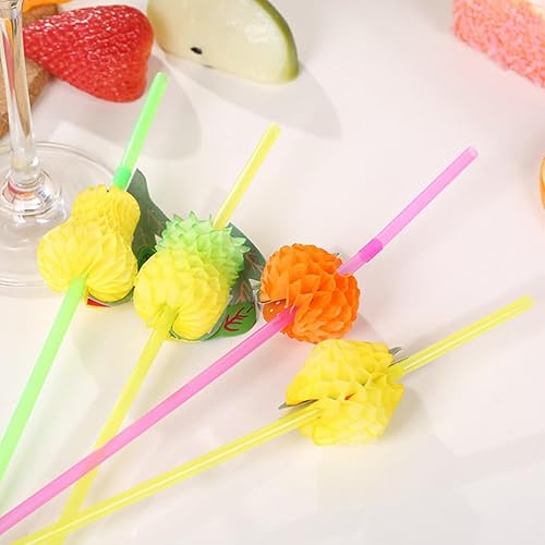Miniatura 3 de Kichvoe Paquete de 60 pajitas de fiesta con temática hawaiana, agitadores de bebidas en forma de fruta para niños y niñas, pajitas de plástico