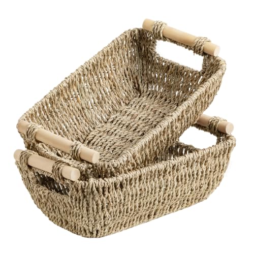 StorageWorks Small Baskets for Shelf, Seagrass Woven Basket for Gifts | Wicker Storage Baskets for Shelves, Baskets with Wooden Handles, 2-Pack Gifts Basket for Home Decor, Hand-Woven Basket