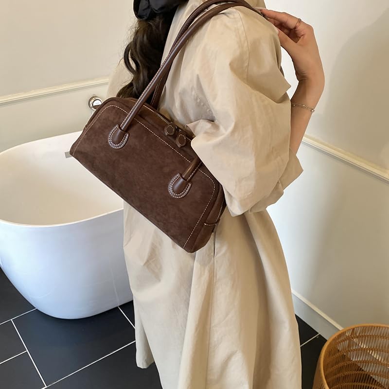 Ladies Elegant Boston Bag Suede Leather Handbag Vintage Shoulder Bag (Coffee)2