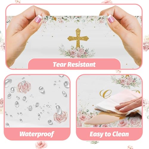 Image of MEHOFOND 3 Pack God Bless Tablecloths, 108 x 54 Inch Pink Flowers Baptism Disposable Table Cloths, Christening Plastic Table Cover, Bautizo Communion Holy Party Decorations for Girls Church