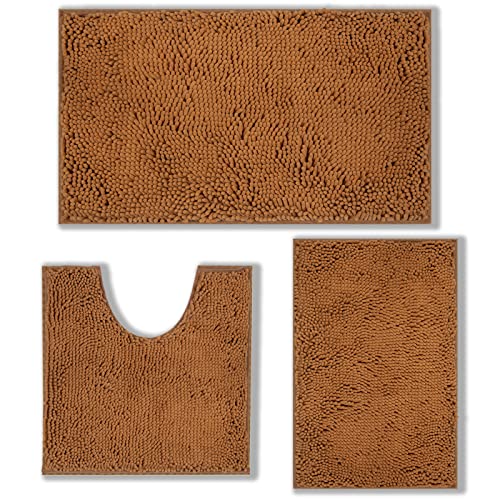 3 Pieces Bathroom Rugs Chenille Bathroom mat Set, Extra Soft and Absorbent Shaggy Rugs, Machine Wash and Dry, Perfect Plush Carpet Mats for Tub, Shower, and Bath Room, Washable Carpets Set