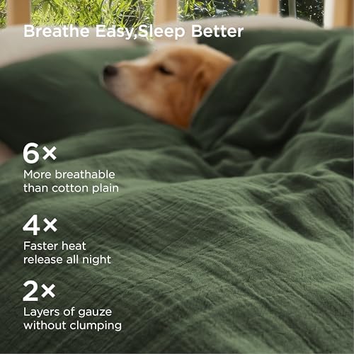 Image of Bedsure Muslin Duvet Cover Queen Size - Cotton Blend Viscose Derived from Bamboo, Cooling Duvet Cover, PureWoven Ultra-Soft & Breathable Bedding Set for All Seasons (Olive Green, 90 inchx90 inch)