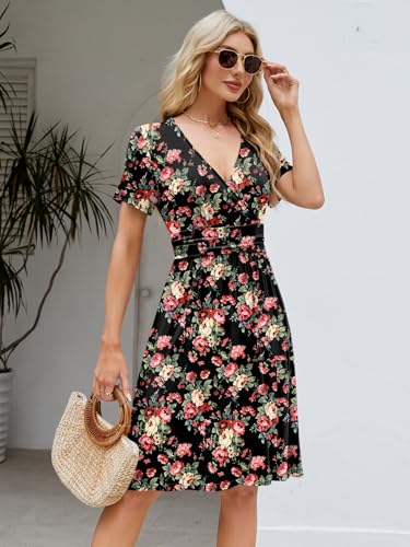 Image of Naggoo Womens Summer Dresses for Women 2026 Spring Floral Sundress Short Sleeve V Neck Wrap Dress with Pockets