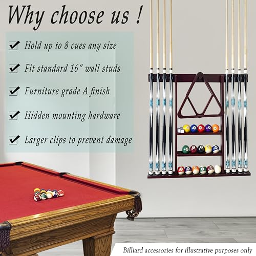 GACCO BILLIARDS Wall Mount Pool Cue Stick Holder Hold 8 Cues, Pool Stick Holder, Billiard Cue Rack For Pool Table Accessories. Pool Table Stick Holder Made Of 100% Solid Wood (Mahogany) - Thumbnail 4