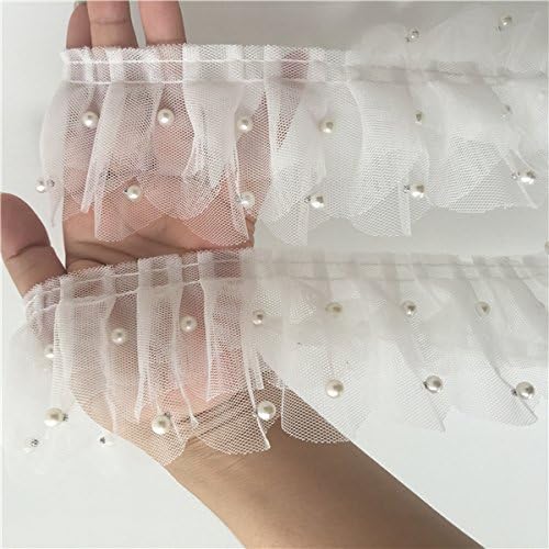 Dressmaking Frilled Trim, 6CM Wide Modern Tulle White 3D Bridal Applique Glitter Beads Ruffle Wedding Dress Clothing Sewing Guipure Supplies
