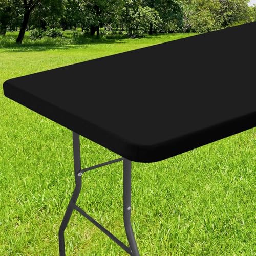 Smiry Rectangle Tablecloth, Elastic Fitted Flannel Backed Vinyl Tablecloths for 6ft Folding Tables, Waterproof Wipeable Table Covers for Indoor, Outdoor, Picnic and Camping (Black, 30