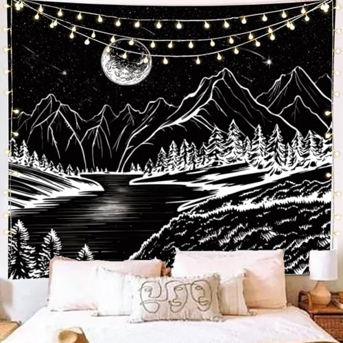 Avinyl Black And White Mountain Tapestry For Bedroom, Starry Night Forest Nature Tapestries Wall Hanging cover