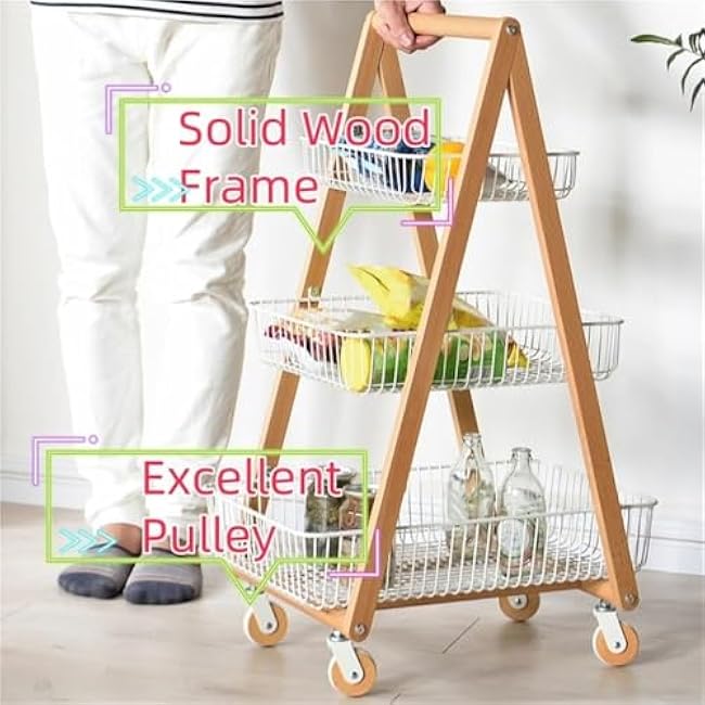 3-Layer Wood Rolling Storage Cart Movable Organizer for Kitchen Bathroom Living Room & Snack Kitchen Bedside Cart Decor-L6SGrvYy