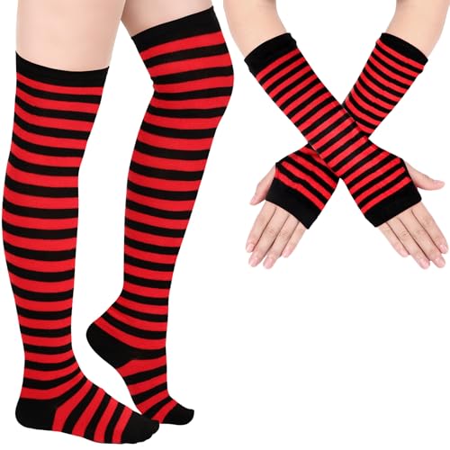 Image of Geyoga Arm Warmers Leg Warmers Striped Thigh High Socks Fingerless Gloves Stockings Christmas Halloween